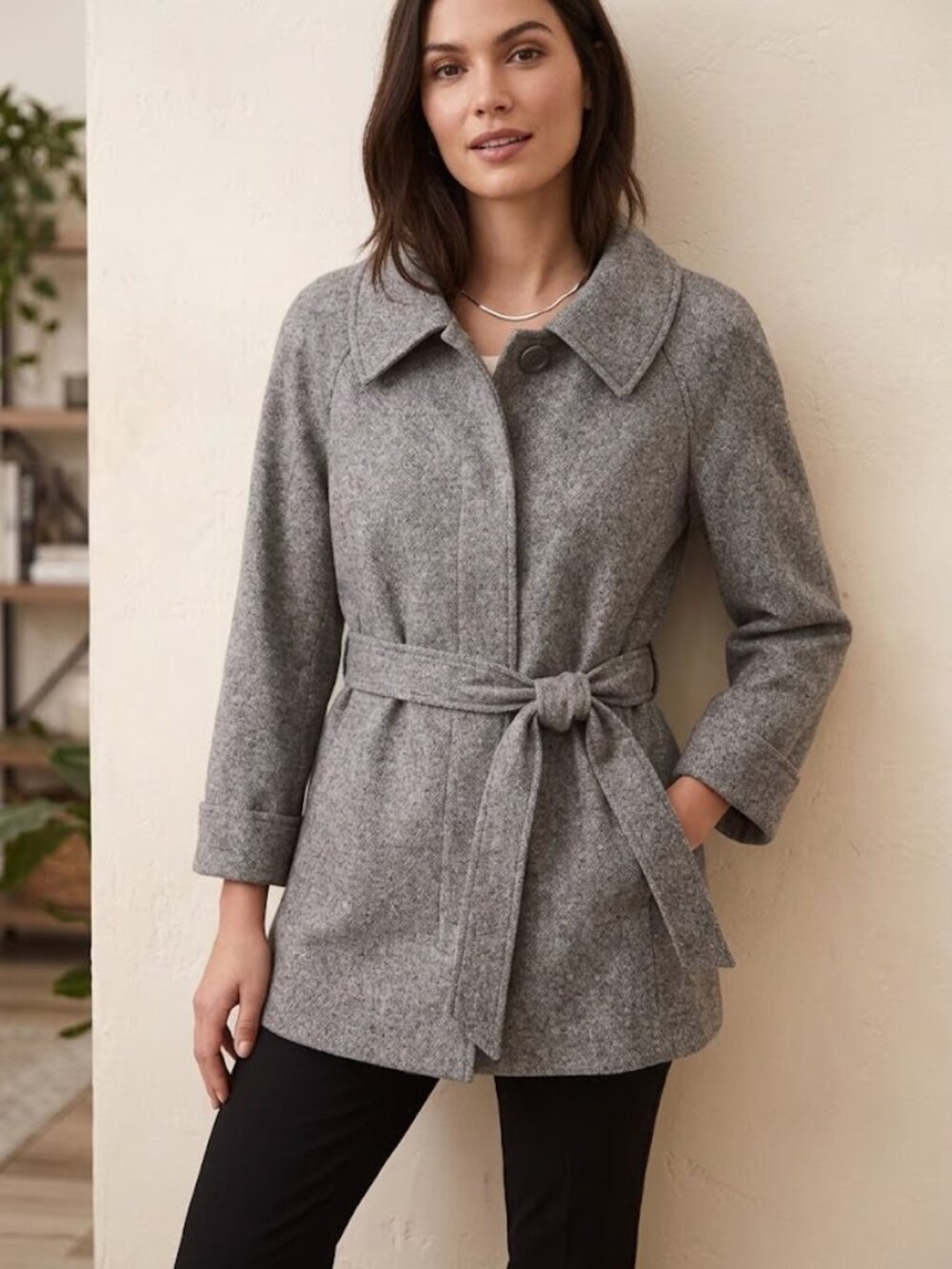 Jones New York Stretch Wool Blend Pea Coat Heather Gray Belted Tie Waist Size 8